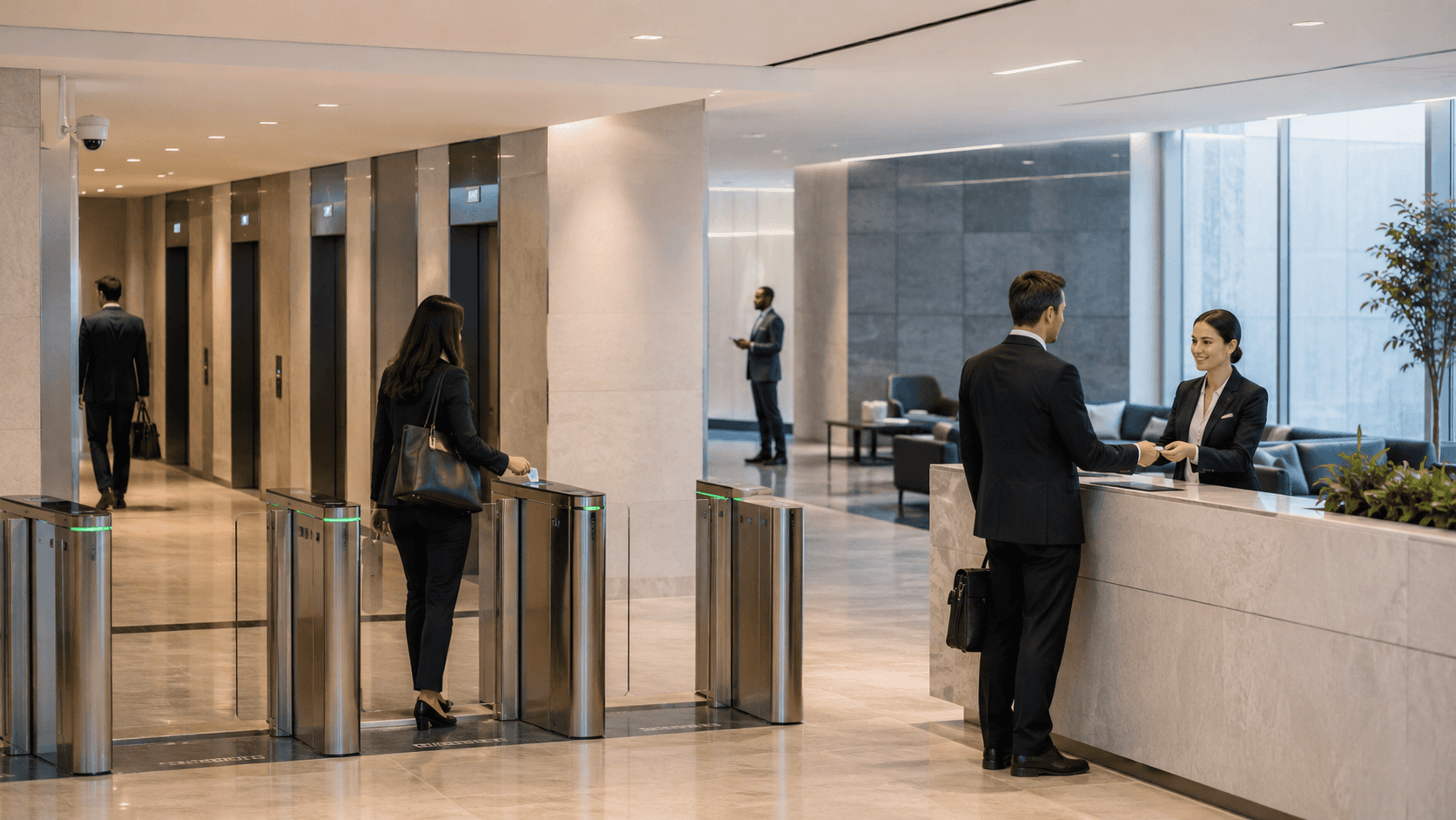 Lobby corporativo con torniquete y lector de acceso