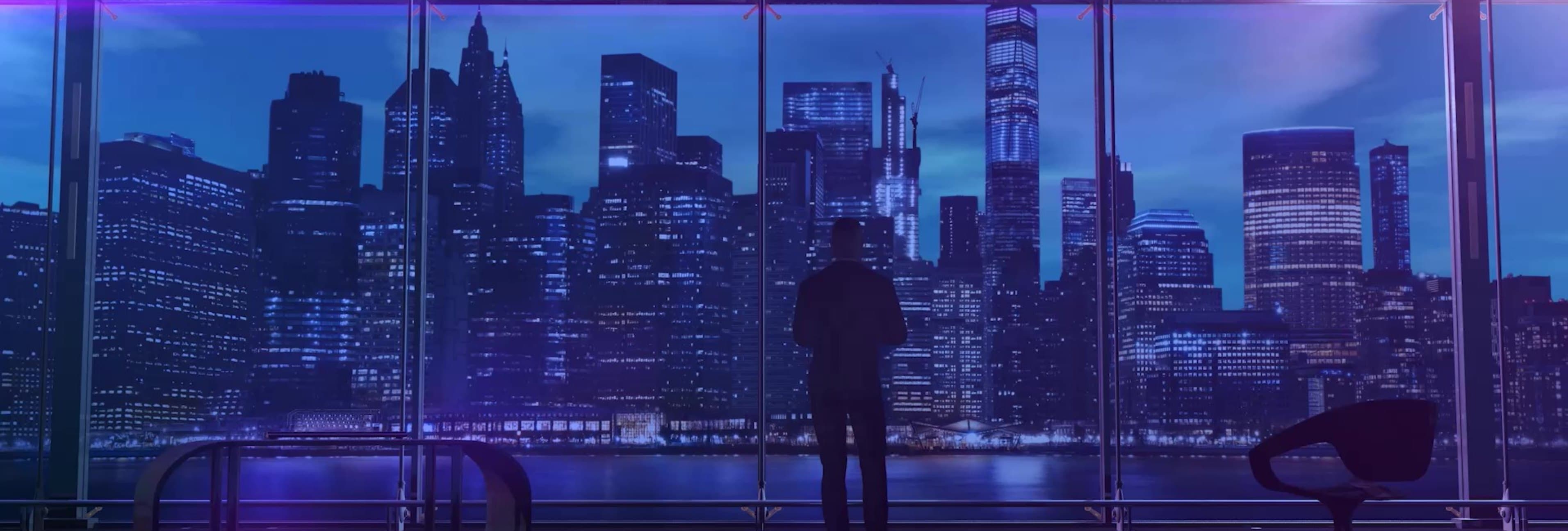 Modern cityscape view through windows